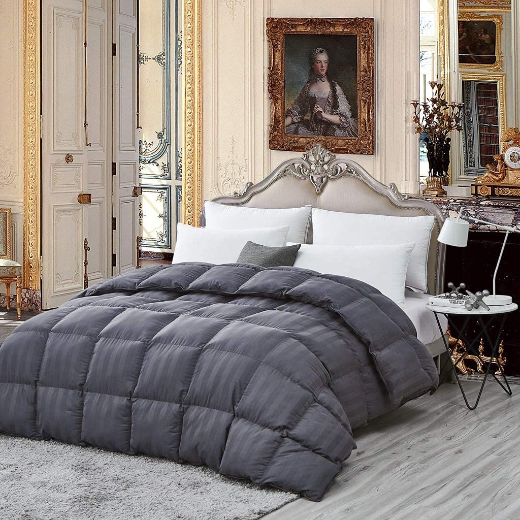 Luxurious Goose Down Comforter Duvet Insert, California King Gray Stripe Design, 1200 Thread Count 100% Egyptian