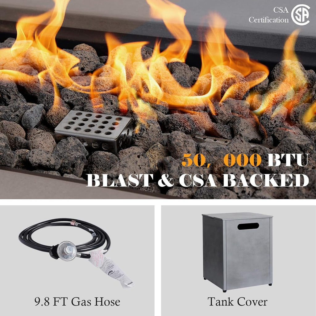 48in Natural Gas Fire Pit, Large Propane Fire Table with 10FT Gas Hose | 50,000 BTU Outdoor Fire table with Tank