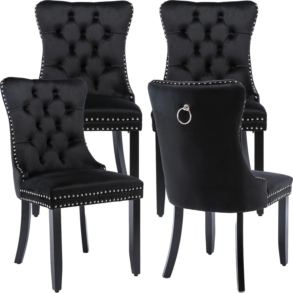 Black Velvet Dining Chairs Set of 4, Kitchen & Dining Room Chairs, Four Fabric Tufted Dinning Chairs