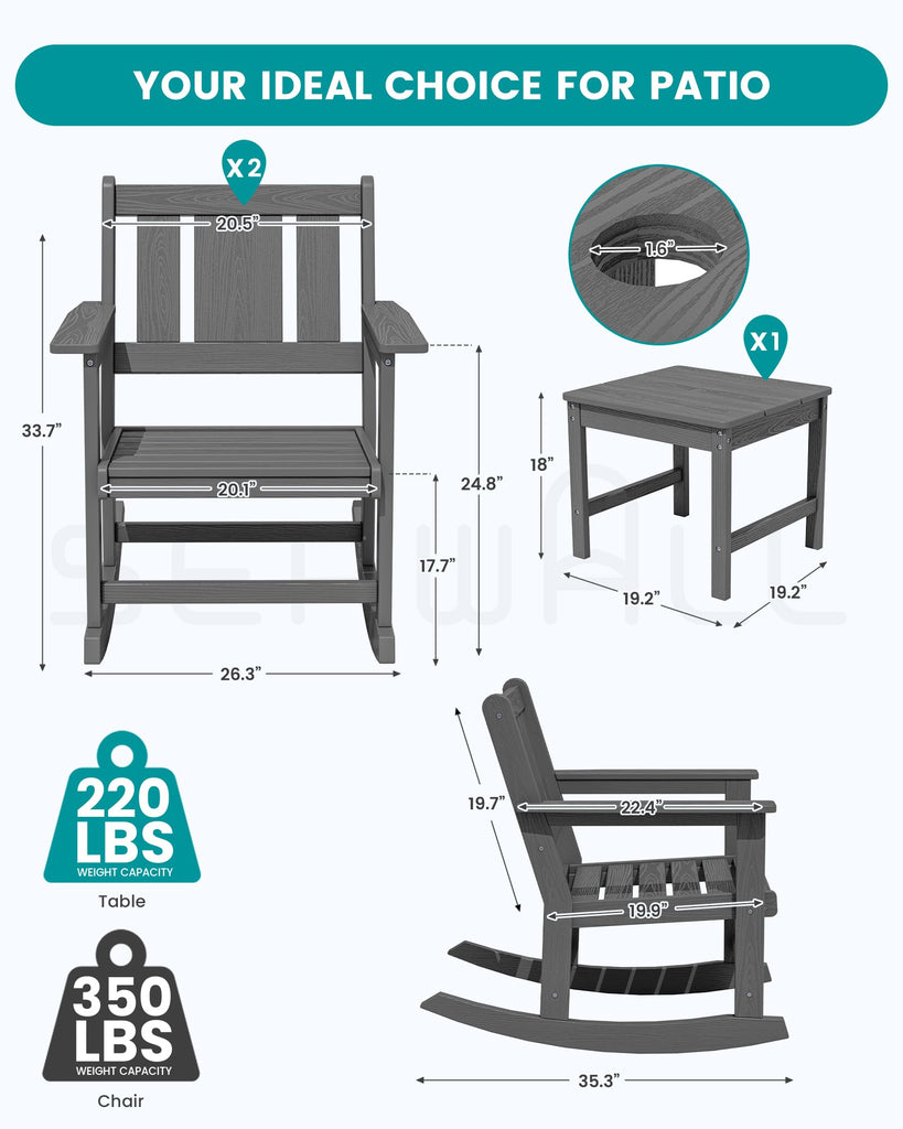 3-Piece Patio Furniture Set with 2 Rocking Chairs & Table, Grey