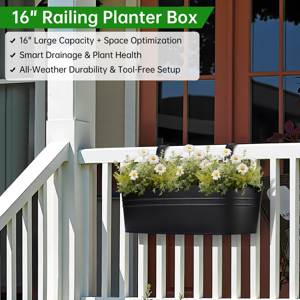 Railing Planter Box, 16" Large Hanging Planters for Outdoor Plants, 3 Pack