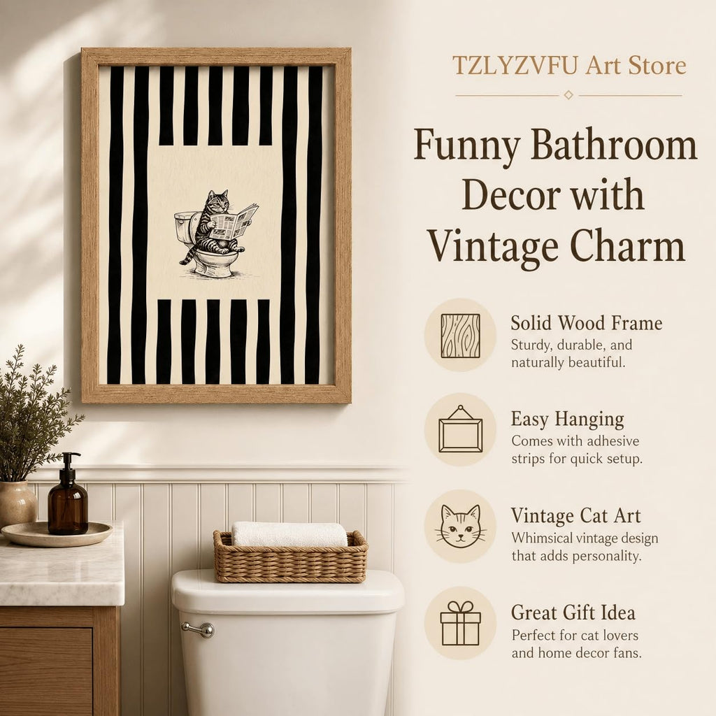 Framed Funny Bathroom Wall Art - Tabby Cat Reading Newspaper on Toilet Canvas Print, Vintage Striped Minimalist