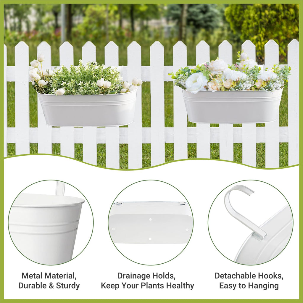 15 Inches Railing Planter Box 5 Pcs Metal Hanging Flower Pots, White