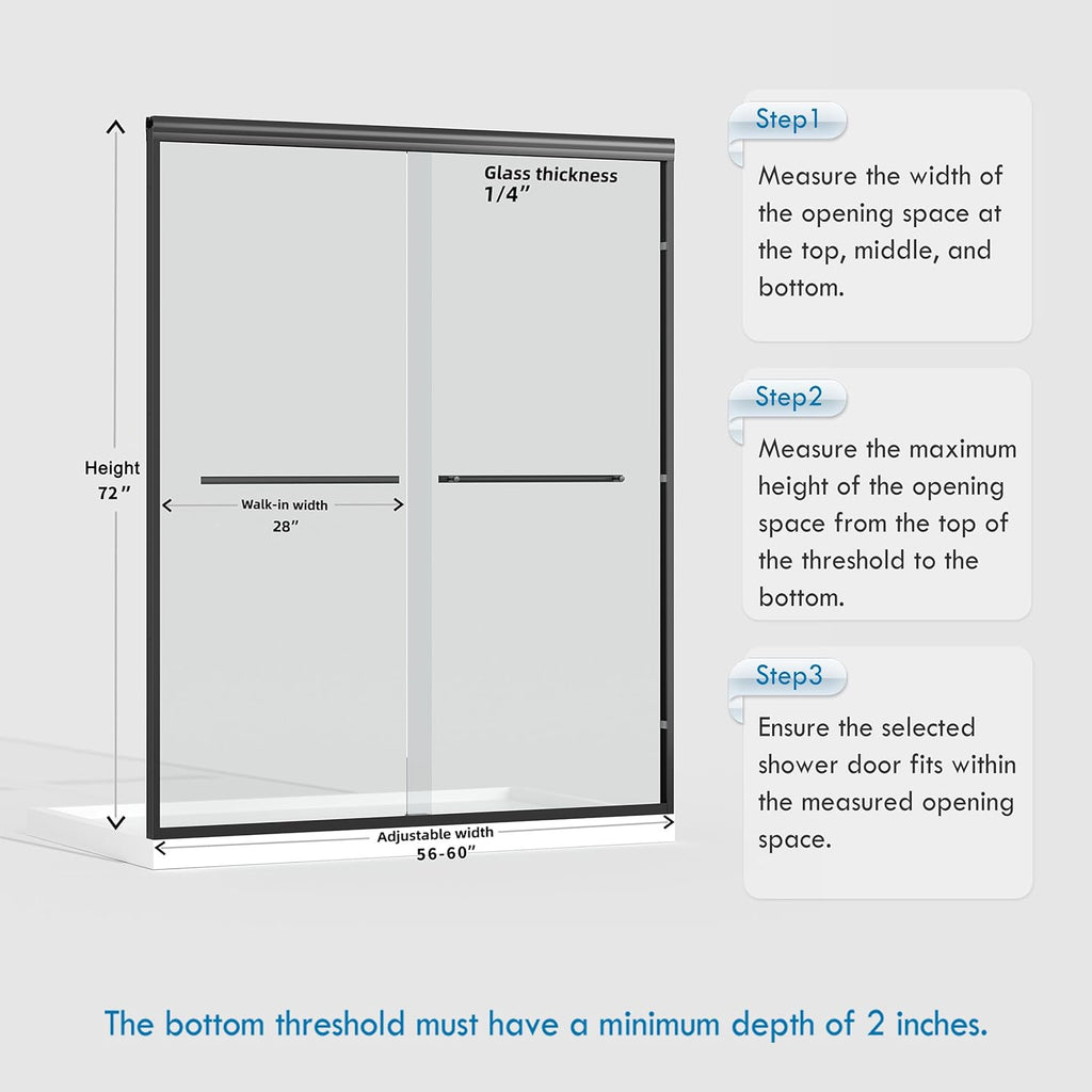 56-60" W x 72" H Semi-Frameless Bypass Sliding Shower Door, Easy-to-Clean Treated Clear Tempered Glass, Matte Black