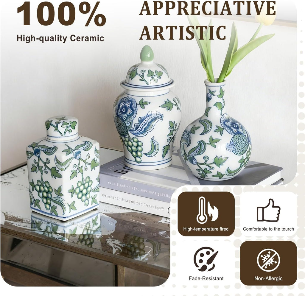 Porcelain Ginger Jar, Chinoiserie Vase Living Room Console Table Accent, Shelf and Tabletop Decor, Green - Set of 3