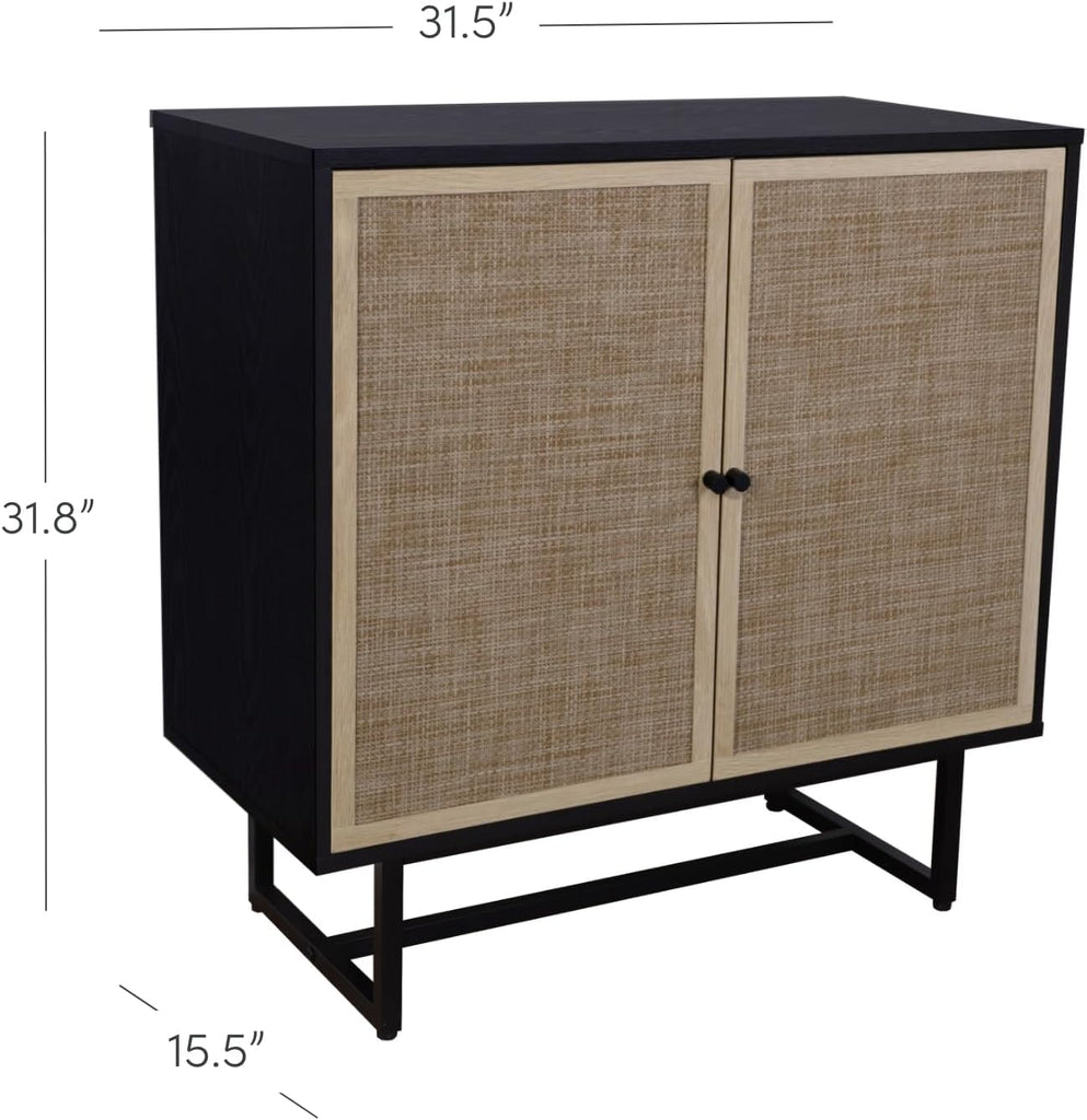 Kova Rattan Wood Accent Sideboard Storage Cabinet with Matte Metal Frame, Adjustable Interior Shelves and Cane Doors