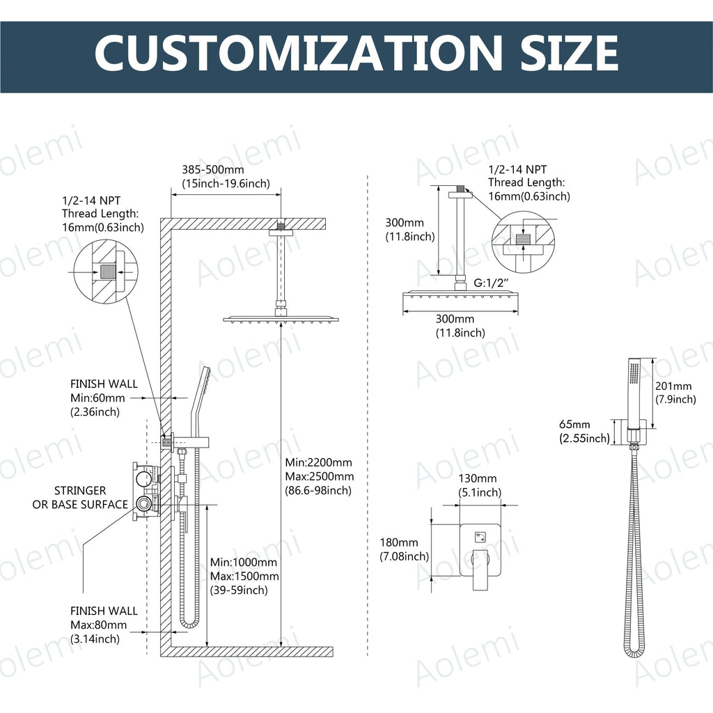 Ceiling Shower Faucet Set with Handheld 12" LED Head Matte Black