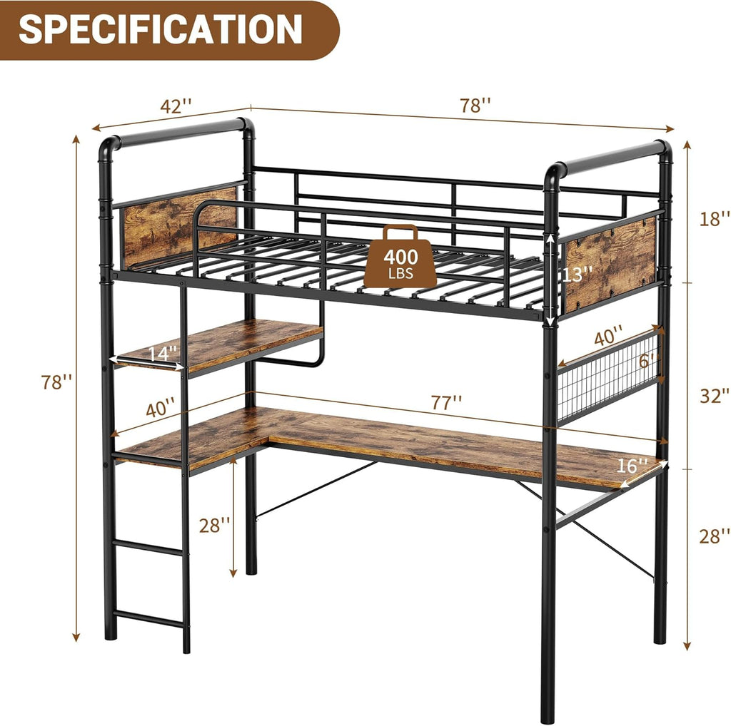 Loft Bed Twin with l-Shaped Desk, Metal Bunk Bed with 2 Open Shelves and Decorative Mesh