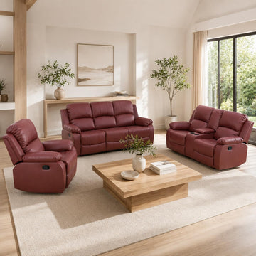 Manual Reclining Couch Sofa Set with Drop-Down Table, 3 Pieces Brown Leather Recliner Couch Sets, Living Room