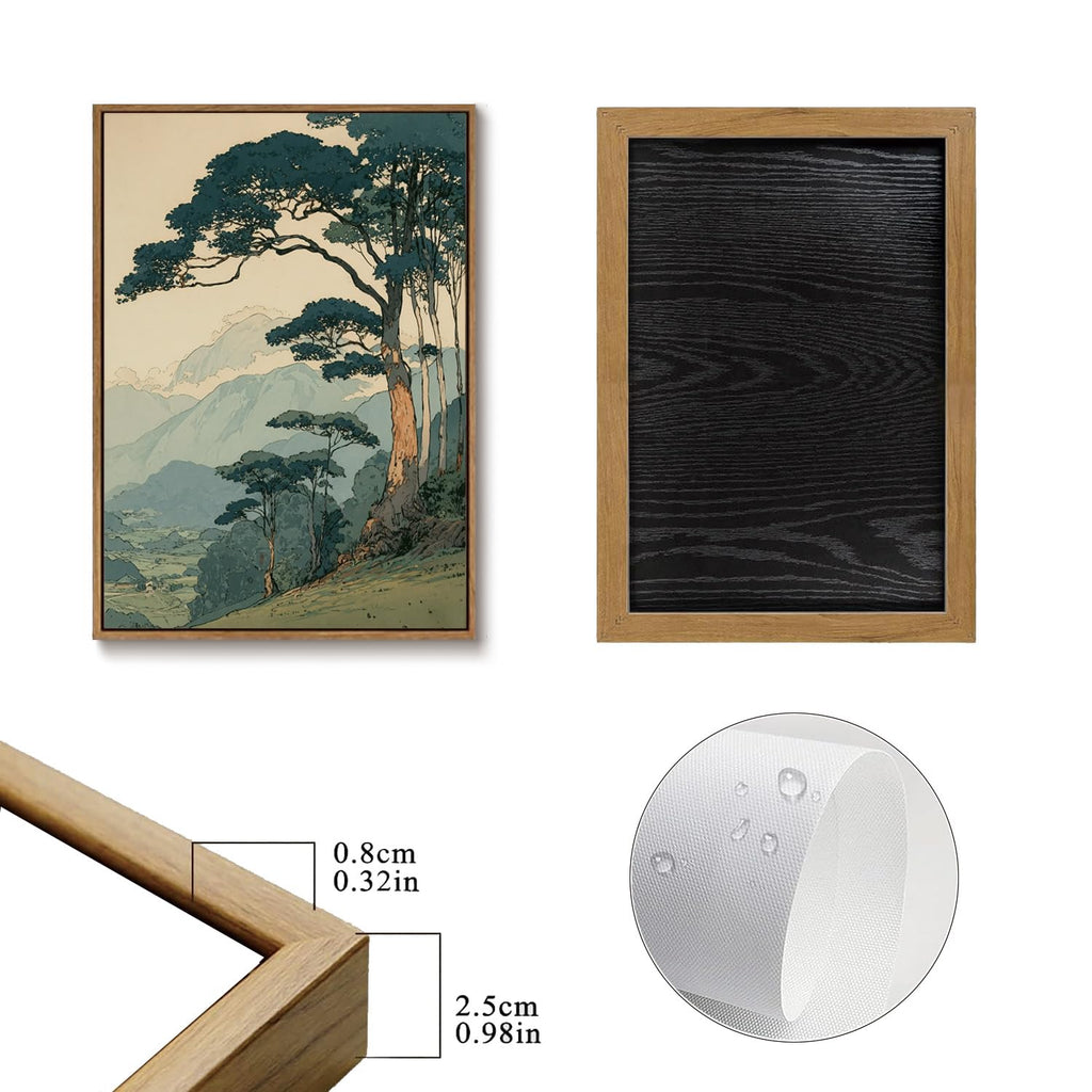 Framed Vintage Japanese Wall Art, Pine Tree Forest Canvas Print 16x24 Inch