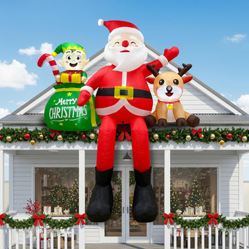 8FT Christmas Inflatables Outdoor Decoration, Climbing Inflatable Santa Claus Decor with Reindeer Elf & Built-in