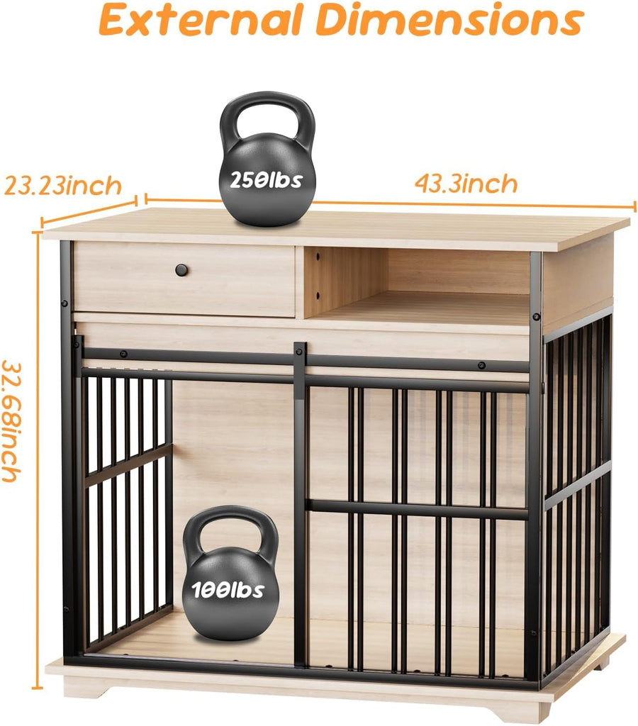 35.5" Dog Crate Furniture, Dog Kennel Indoor with Wheels for Medium Small Dogs, Wooden Dog Crate End Table