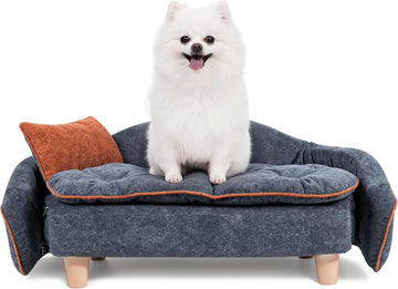 Elevated Small Dog Couch Bed with Bolster Sides, Raised Small Dog Sofa Bed with Headrest Pillow, Velvet Washable