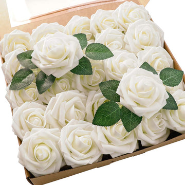 Artificial Flowers 50pcs Real Looking Ivory Foam Fake Roses with Stems for DIY Wedding Bouquets White Baby Shower