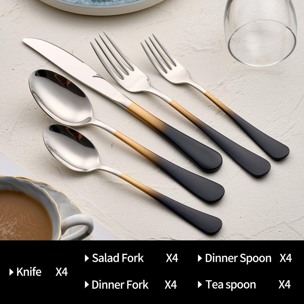 20-Pieces Black gold Silverware Sets for 4, Black gold Handle Stainless Steel Cutlery Set, Include Forks Spoons and