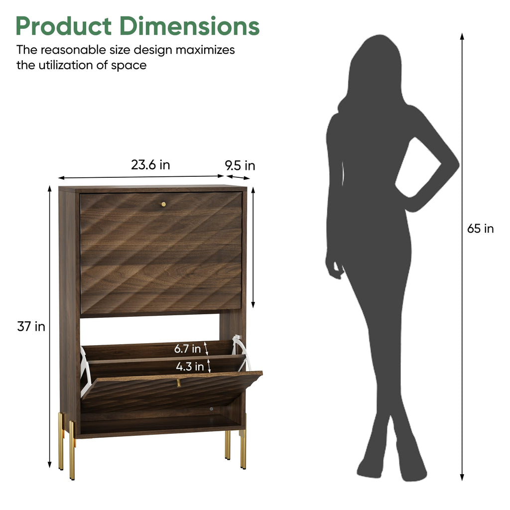 Shoe Storage Cabinet with Textured Diagonal Lines Doors 2 Flip Drawers, Walnut Narrow Shoe Cabinet Storage