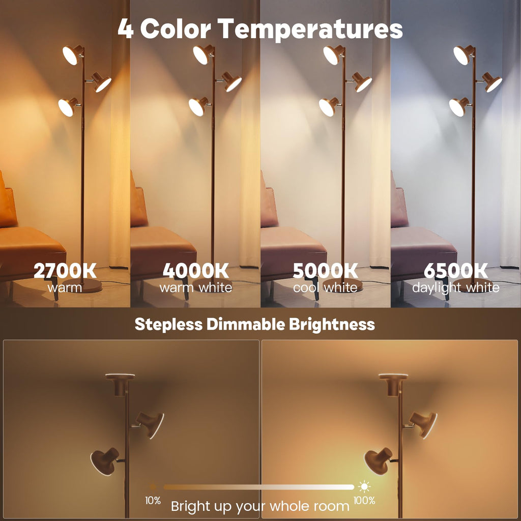 36W LED Tree Floor Lamp, Modern Dimmable Standing Lamp with Remote & Touch Control, 4 Color Temperatures, 3 Rotatable