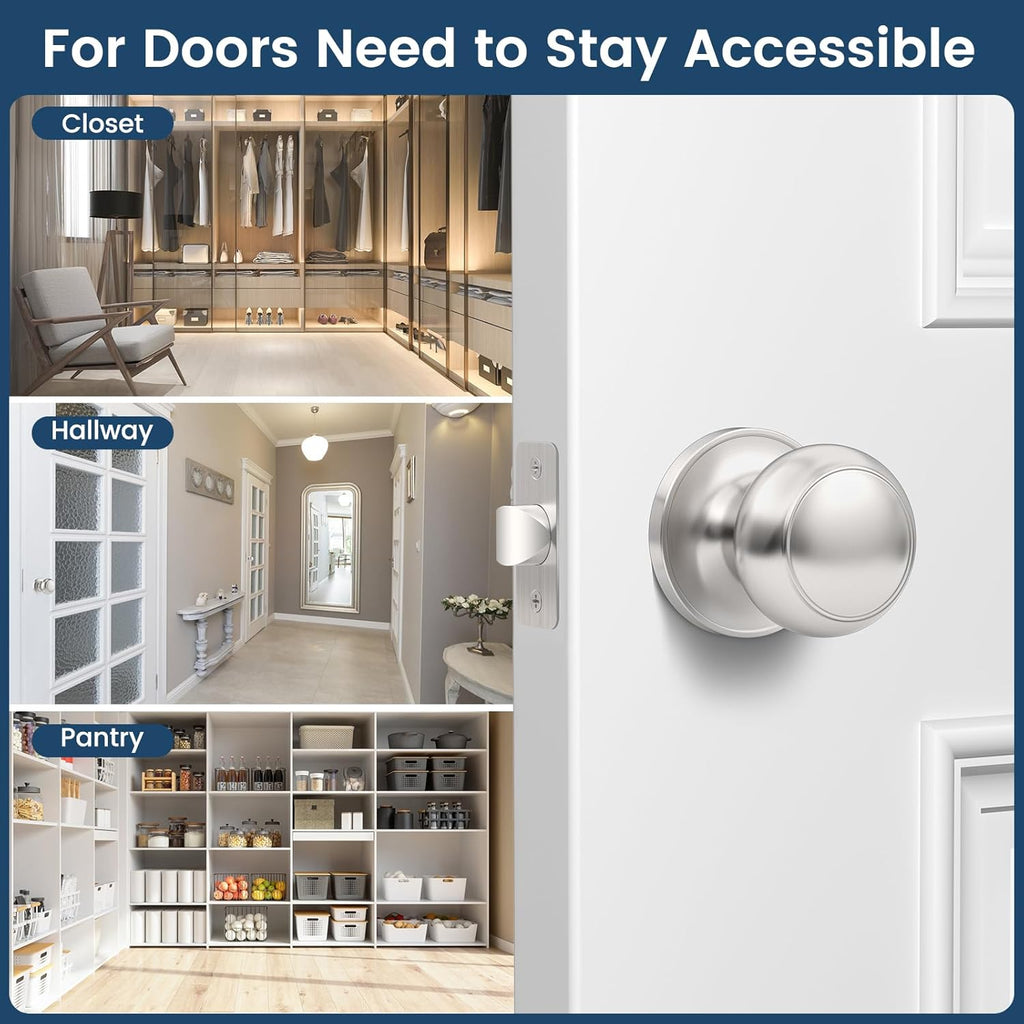 6 Pack Brushed Nickel Door Knob, Round Interior Door Knobs Closet, Non-Locking Passage Door Knobs, Keyless Door