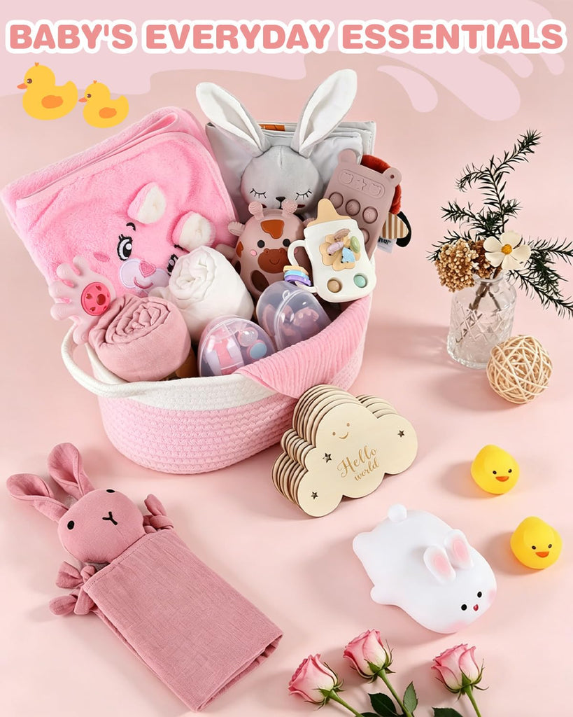 Baby Shower Gifts for Girls, 26 Piece Deluxe Baby Gift Basket - Baby Girl Gift Basket with Bunny Night Light
