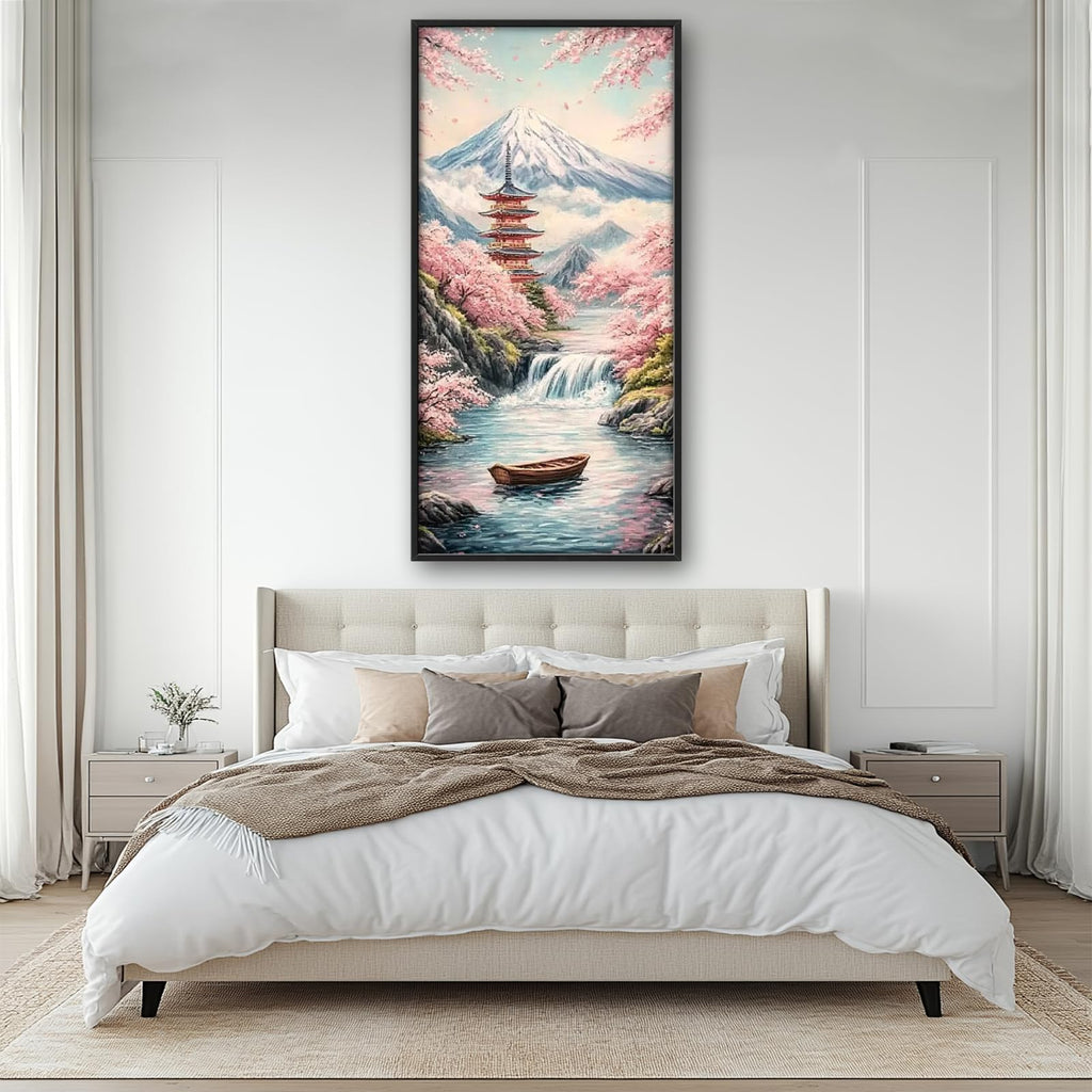 Japan Japanese Wall Art Cherry Blossoms Mount Fuji Wall Decor Waterfall boat Canvas Painting Pictures Prints Framed