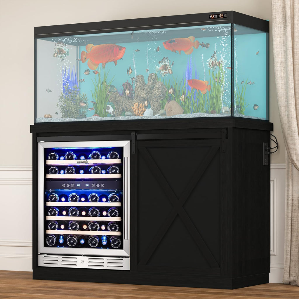49'' Coffee Bar Cabinet with Fridge Space, Wine Cabinet with Rack, Power Outlet Living Room, Black