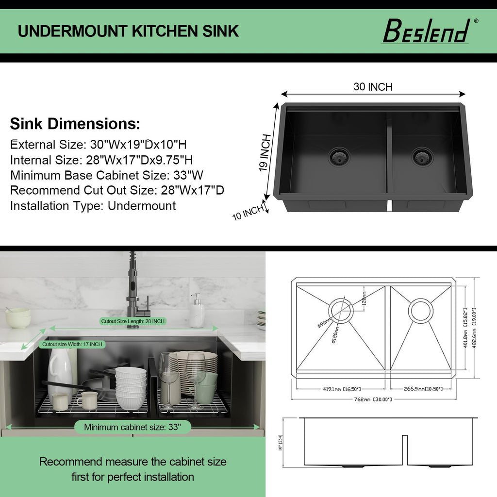 30 Gunmetal Black Undermount Kitchen Sink Double Bowl