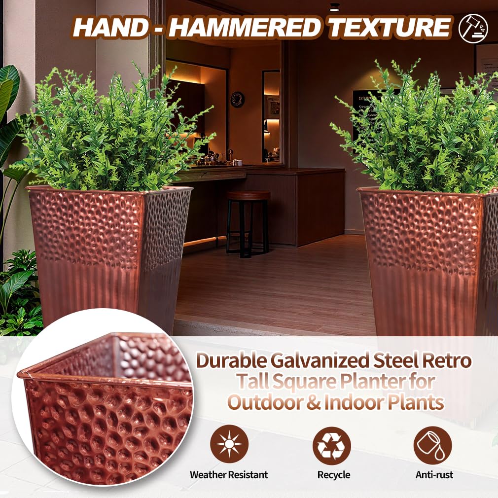 2 Pcs Pack Metal Tall Tapered Planter Pots Steel Large Square Planter Flower Pot with Drainage Holes for Indoor