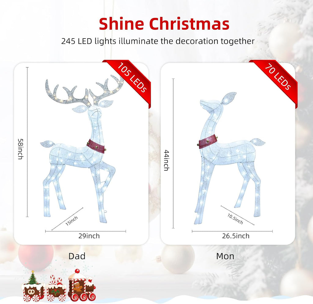 Christmas Decorations Outdoor Reindeer Family - 4-Piece 3D Lighted Deer Set with 245 LED Lights, Yard Christmas Decor
