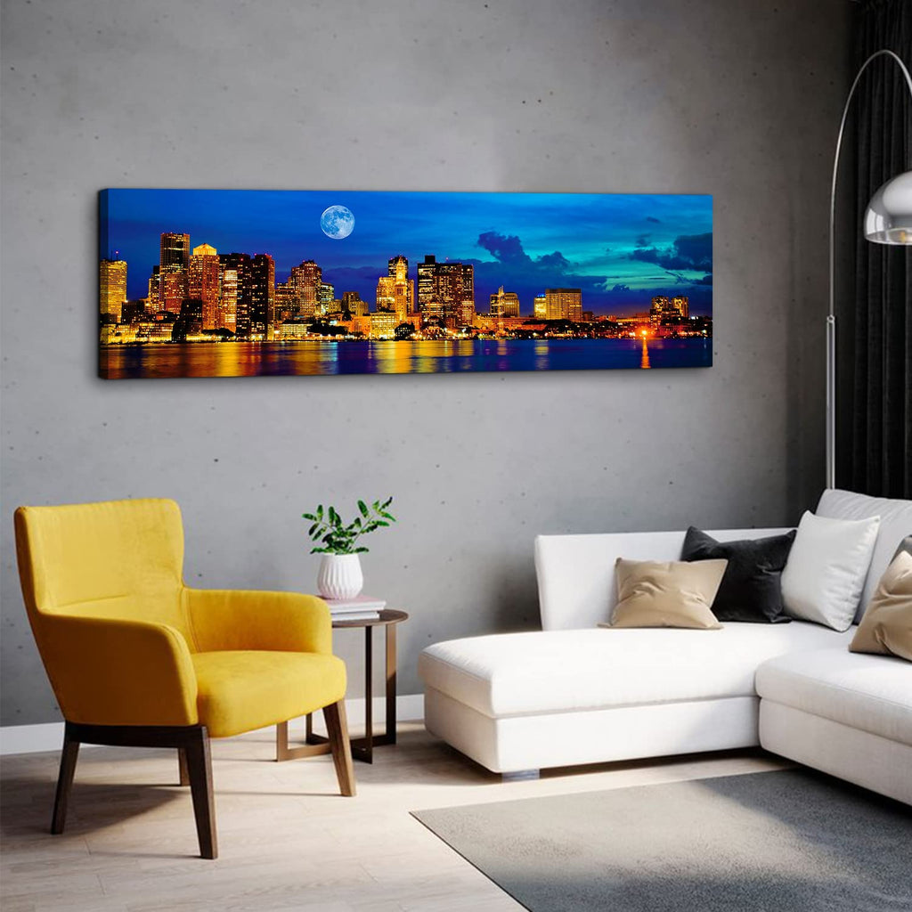 Boston Skyline Wall Blue Night Moon Massachusetts Cityscape Painting Canvas Prints USA Boston Downtown Skyscraper