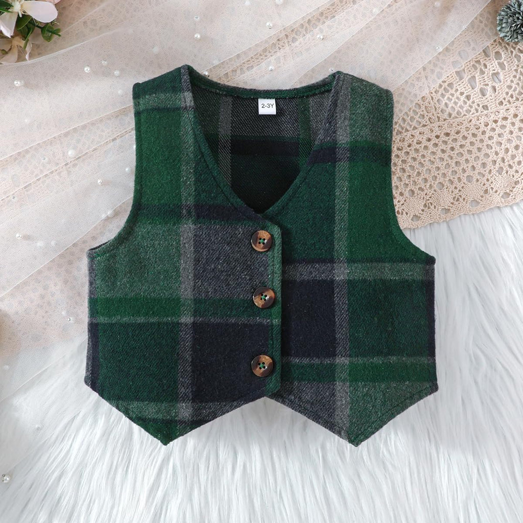 Toddler Girls Fall Outfits Knit Rib Shirt Tops Button Down Vest Plaid Skirt Set Winter Holiday Clothes