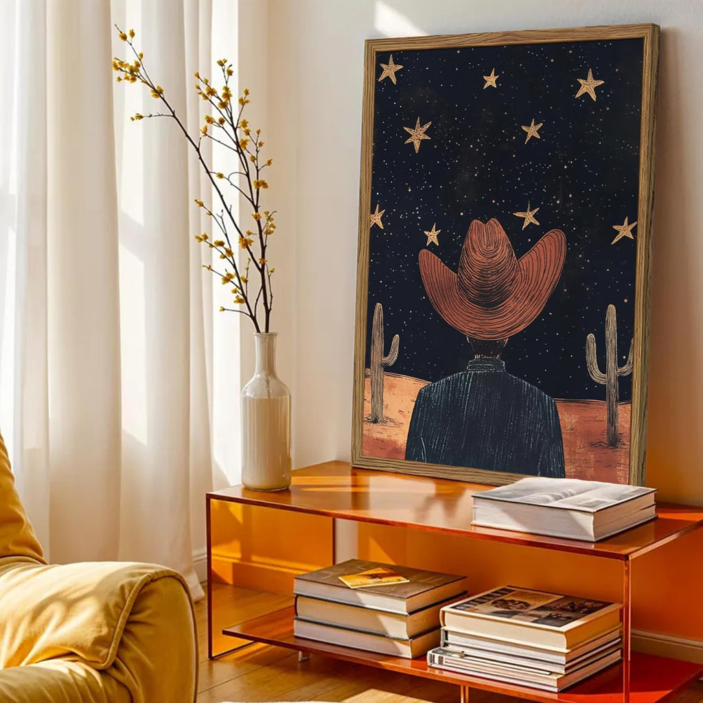 Framed Boho Western Cowboy and Cowgirl Wall Art Set of 2, Vintage Southwestern Desert Starry Sky Cactus Pictures Wall