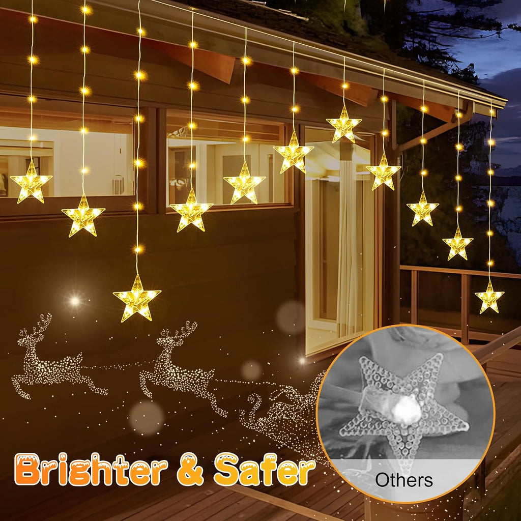 Christmas Window Lights, 76LED 9 Stars IP65 Battery Operated Star Curtain Lights 11 Modes with Timer, Xmas Decoration