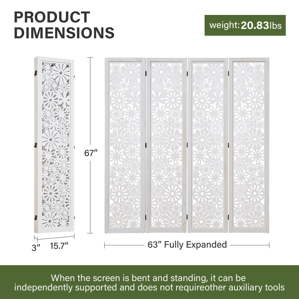Folding Wood Room Divider Panel, 67 Inch Tall Daisy-Carved Privacy Screen - No-Assembly Required, Decorative Flower