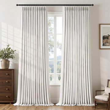 96 Inch Pinch Pleated Blackout Curtains Double Layer, Natural Beige Linen Blend 100% Blackout Sliding Door Panels