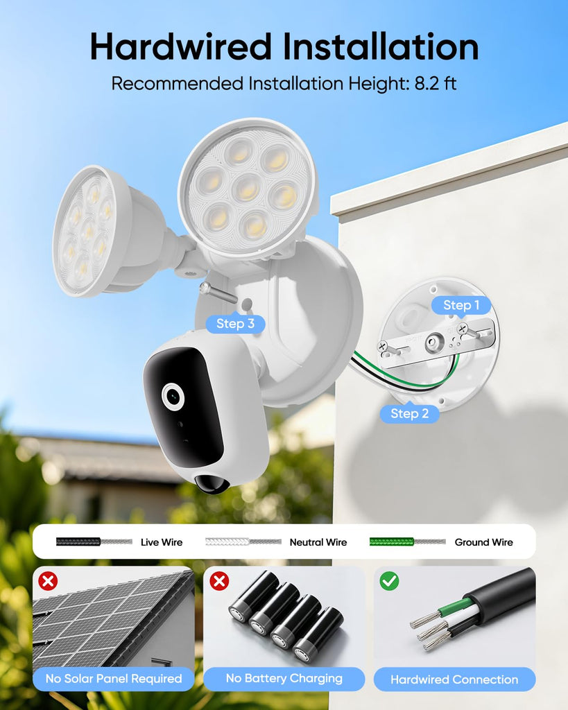 Floodlight Camera, 2K Hardwired Smart Security Camera Outdoor