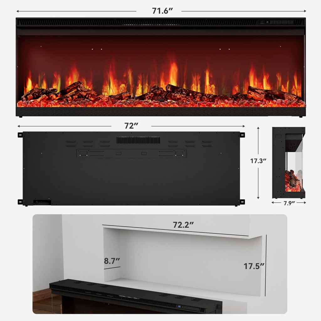 72-inch 3-Sided Wall Mount Electric Fireplace, Recessed & Built-in Design with Wi-Fi/Remote, 1500W Heater, 12 Flame