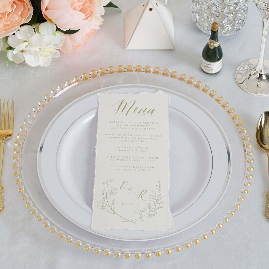 13" Charger Plates - Set of 12 - Gold Round Acrylic Disposable Chargers with Beaded Rim, Ideal for Dinner Party