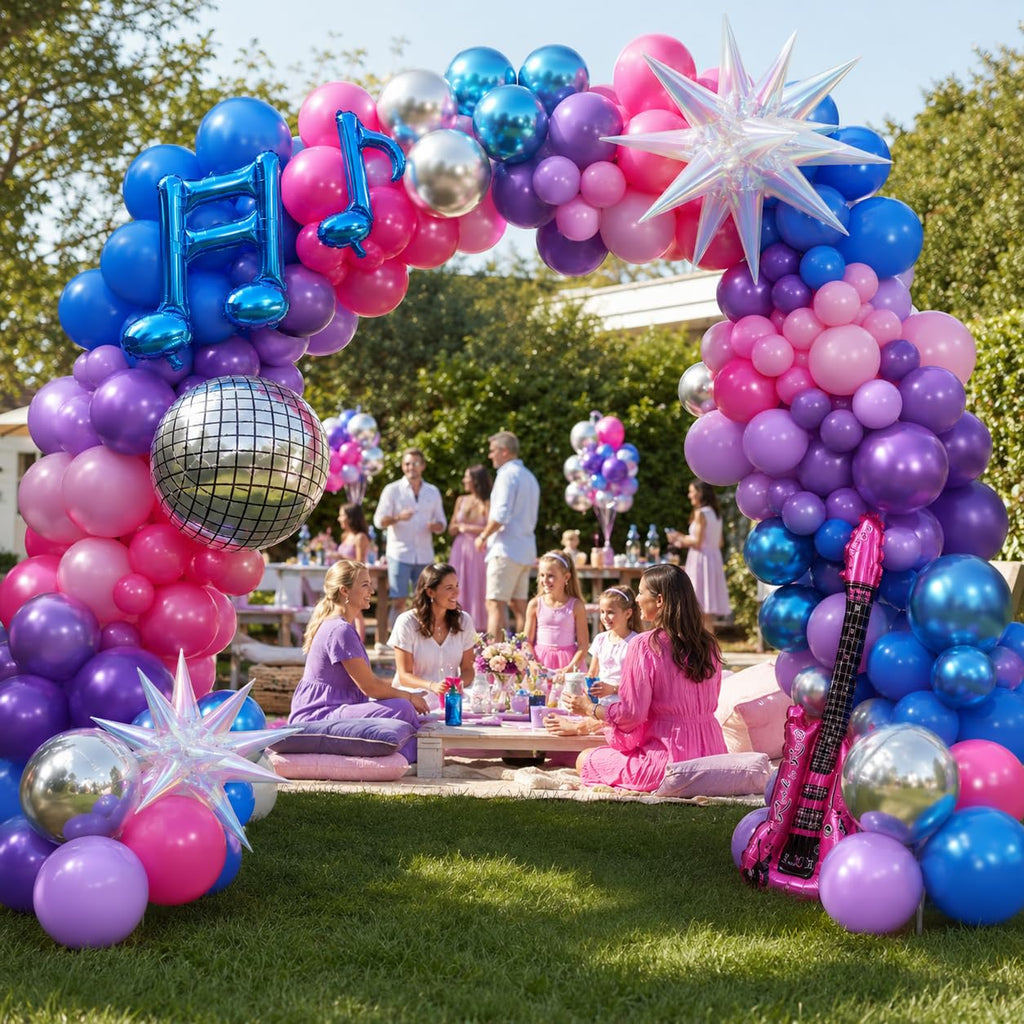 Kpop Music Balloon Garland Arch Kit, Pastel Hot Pink Metallic Blue Purple Silver Balloons Disco Ball Guitar Music