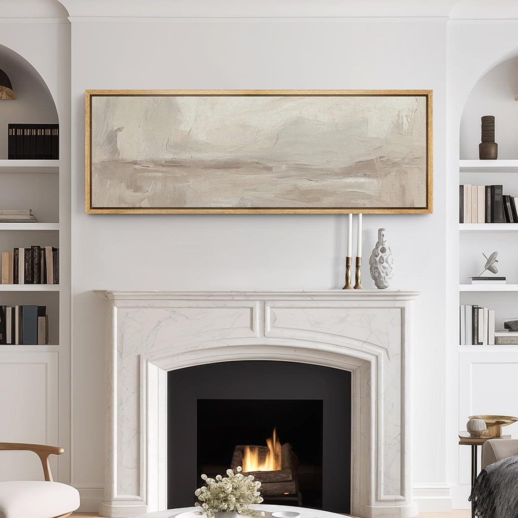 Large Framed Canvas Print Wall Art Neutral Beige Abstract Landscape Illustrations Modern Art Relax/Calm Warm - 60"x20"