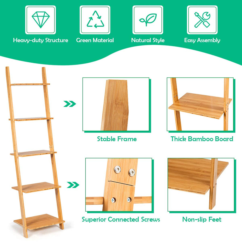5-Tier Ladder Shelf Bookshelf, 65"H Bamboo Wall-Leaning Bookcase