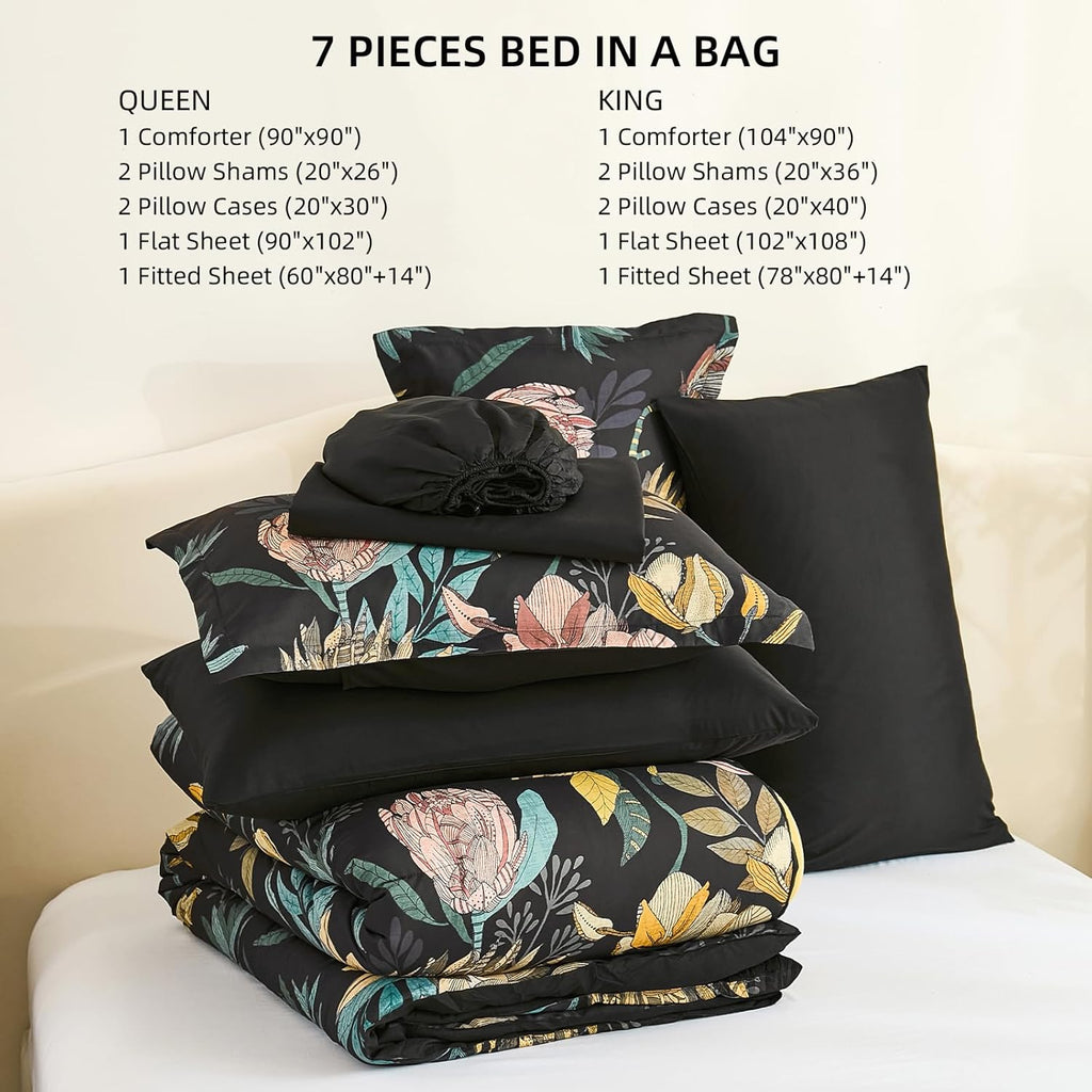 Luxudecor Queen Comforter Set 7 Pieces Bedding Sets, Black Floral Comforter and Sheet Set
