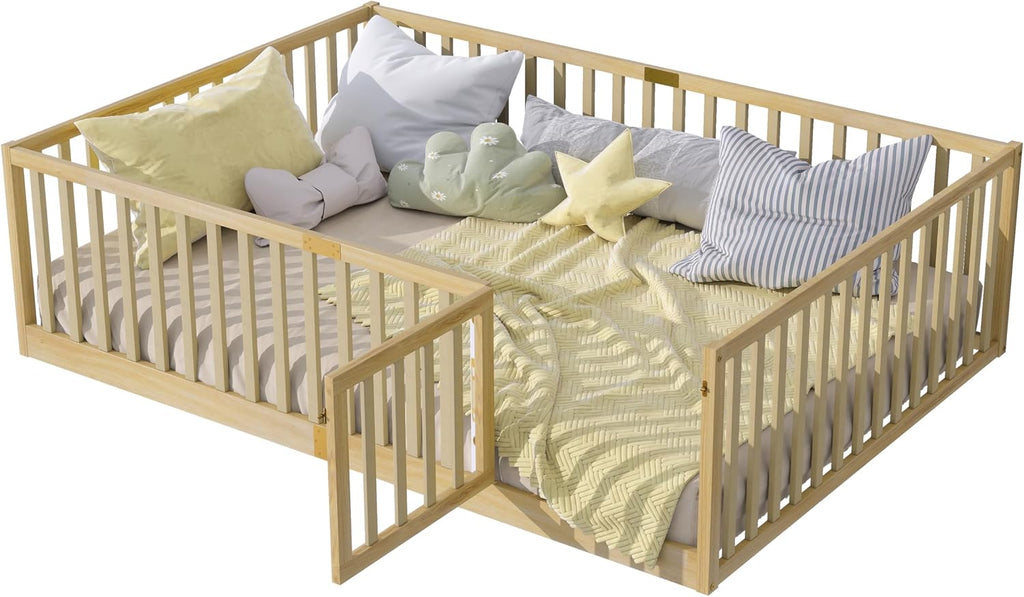 Toddler Floor Bed with Door&High Rails, Natural