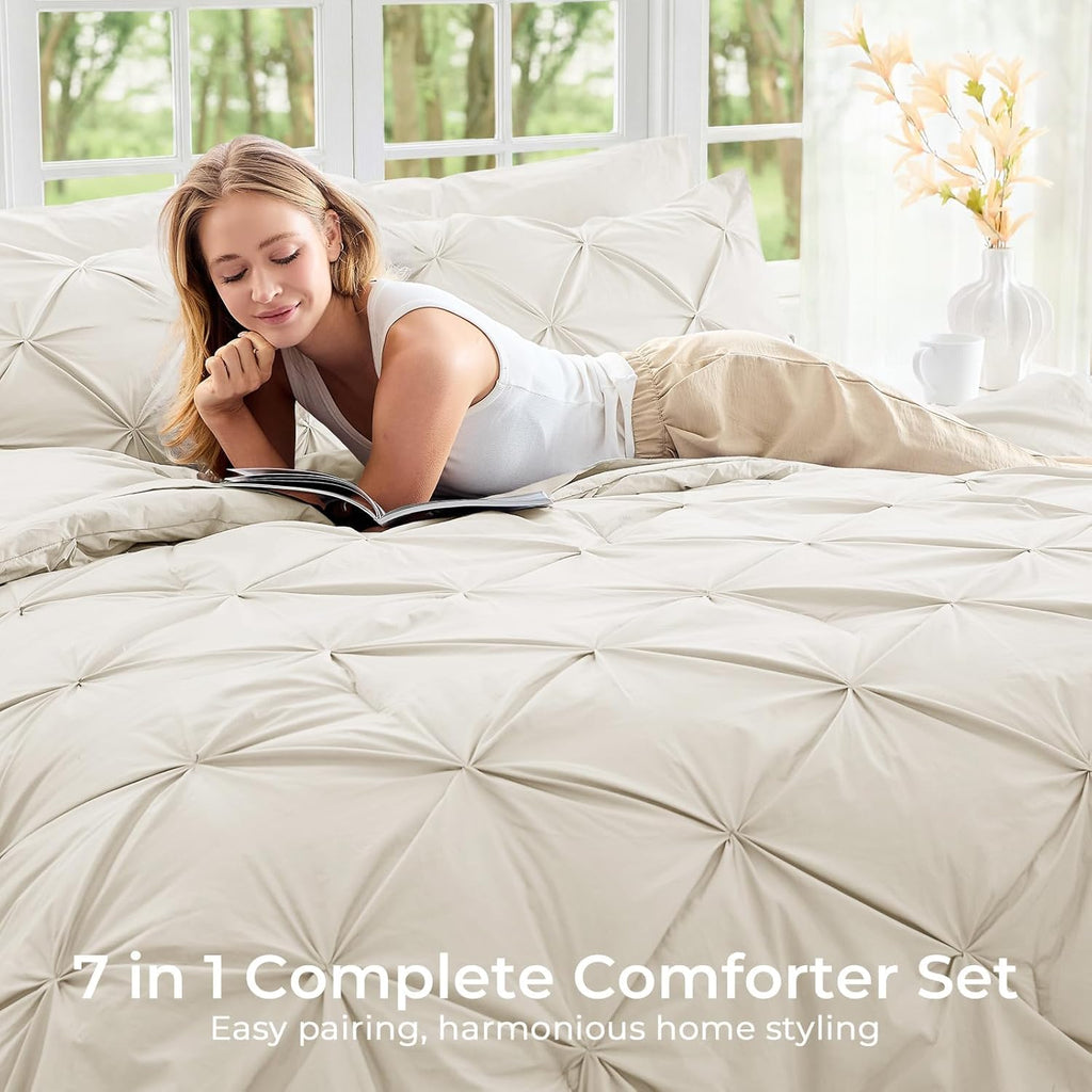 Sasttie Queen Comforter Set, 7-Piece Bed in a Bag, Pintuck Bedding Sets for All Season, Includes Comforter, Flat Sheet