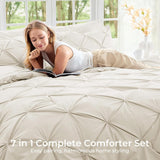 Sasttie Queen Comforter Set, 7-Piece Bed in a Bag, Pintuck Bedding Sets for All Season, Includes Comforter, Flat Sheet