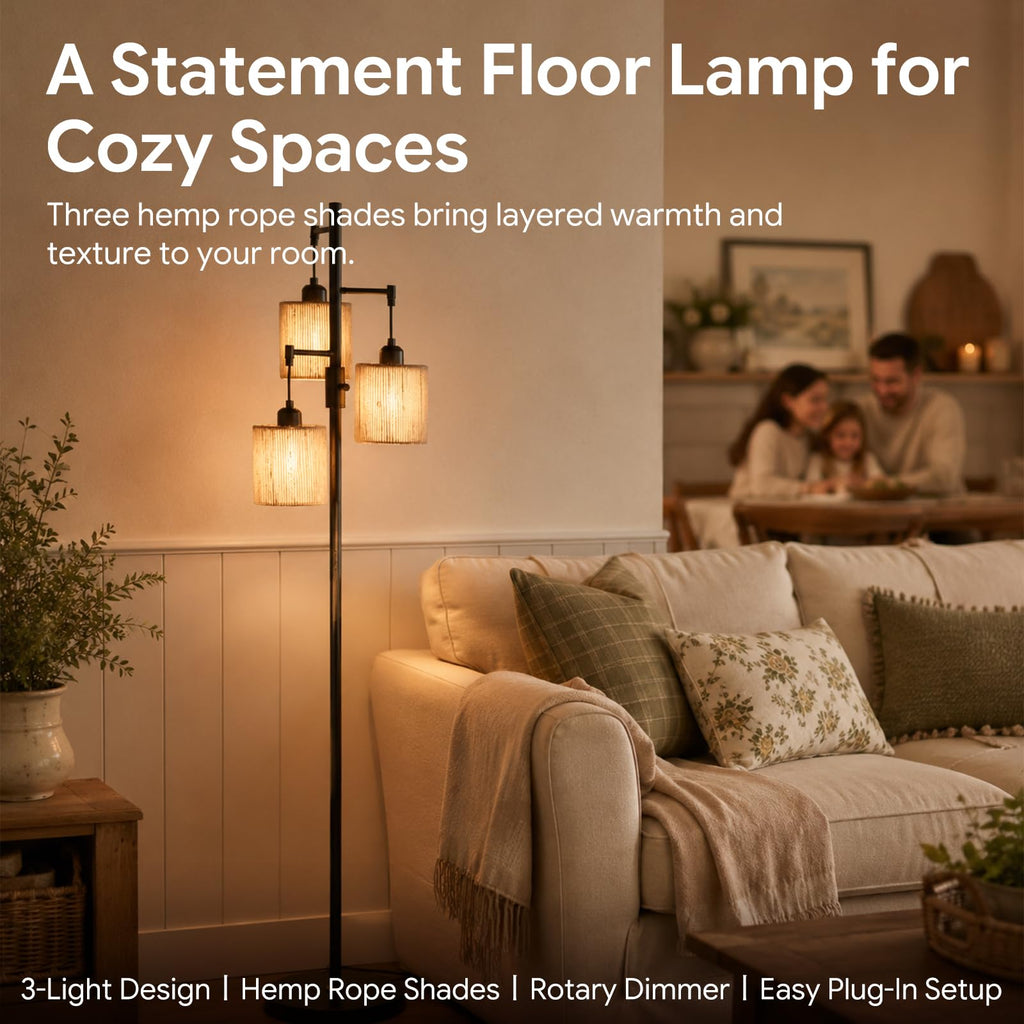 Dimmable Boho Floor Lamp, 3-Light Tree Lamp with Hemp Rope Shades