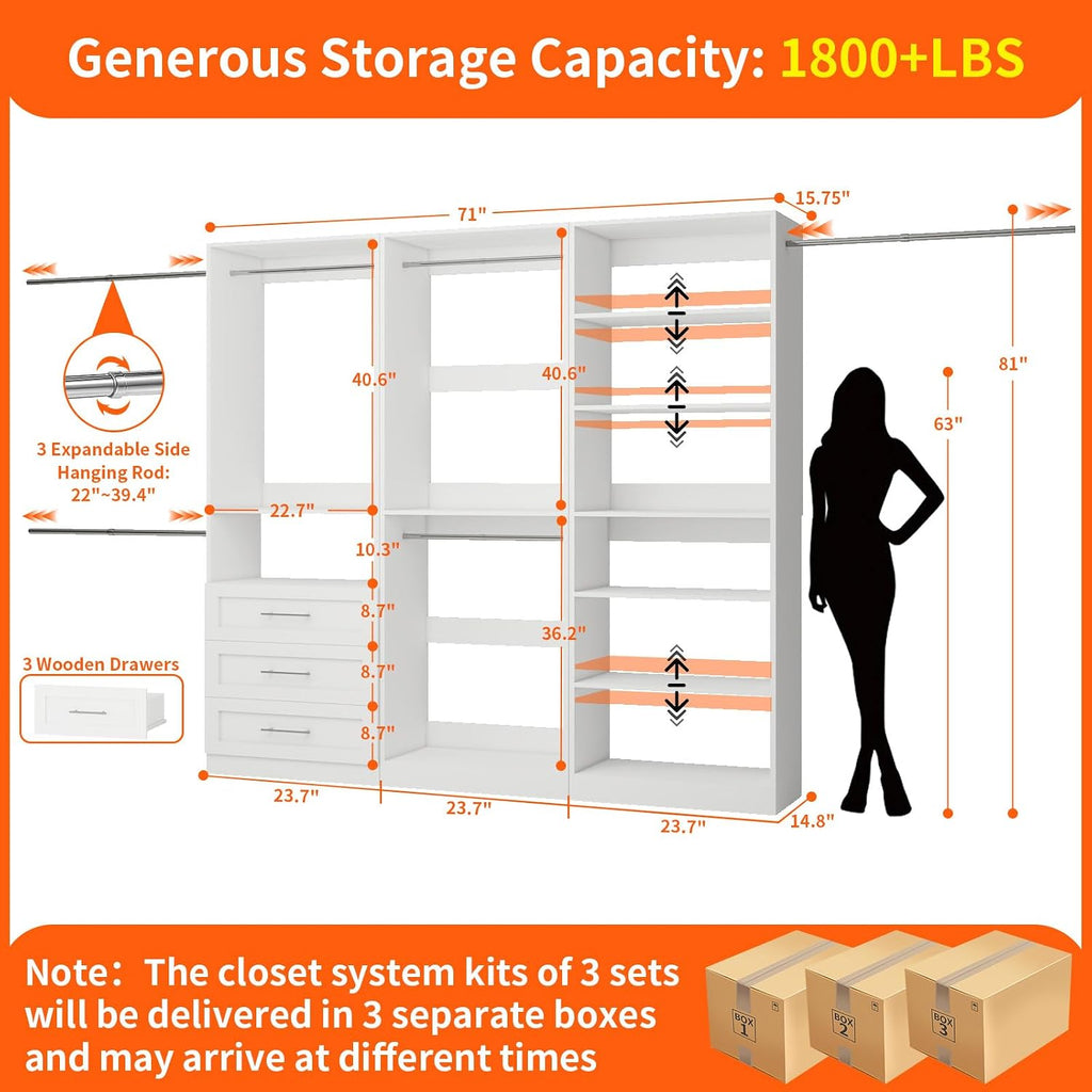 Closet System of 3 Sets, 6-15FT Closet Organizer System Wood with 3 Drawers & 7 Shelves, Walk in Closet Organizer