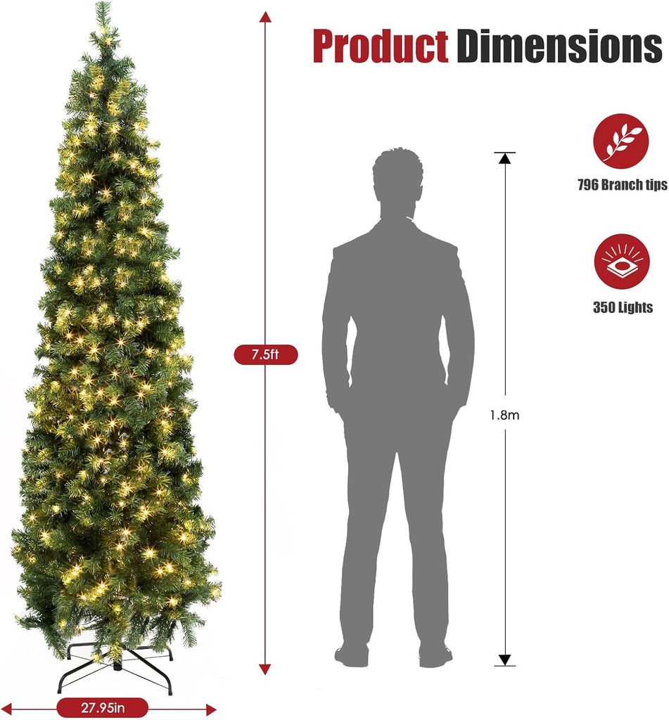 Pre-Lit Pencil Artificial Holiday Slim Christmas Tree with Warm Lights and Metal Base Stand , Party Decoration,Green
