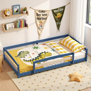 Floor Bed Frame with 2 Openings, Wooden Low Montessori Bed with Safe Guardrails for Boys Girls, Mist Blue