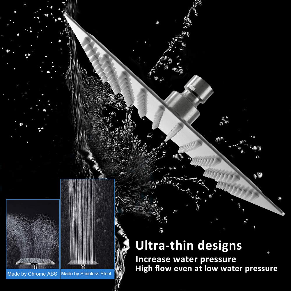 Rain Shower Head, High Flow Stainless Steel Square Rainfall Shower, High Pressure Design, Awesome Shower Experience