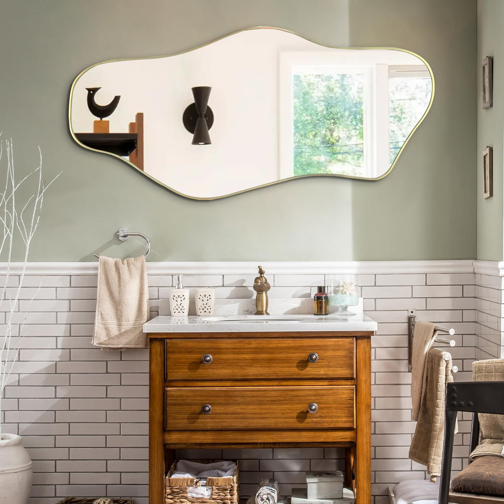 Irregular Wall Mirror, 47.2"x21.6" Gold Asymmetrical Frameless Mirror, Modern Organic Shaped Mirrors Bedroom Hallway